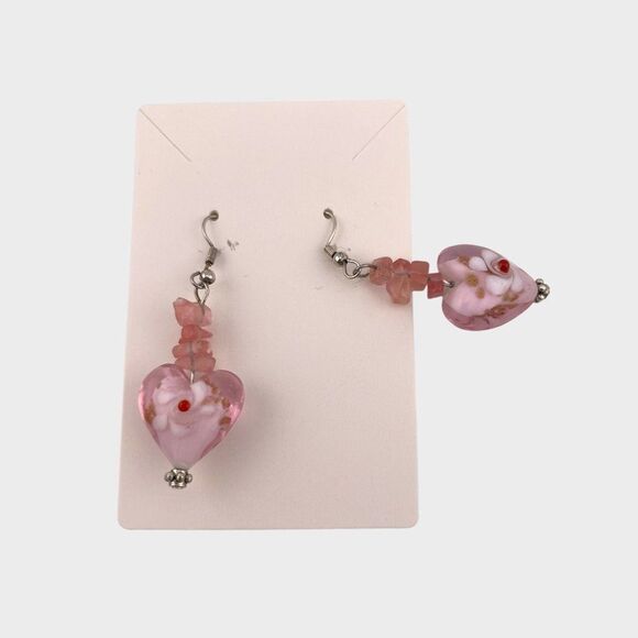 Vintage Pink Heart Earrings Puff Glass & Rose Quartz Earrings NWT - Picture 5 of 8